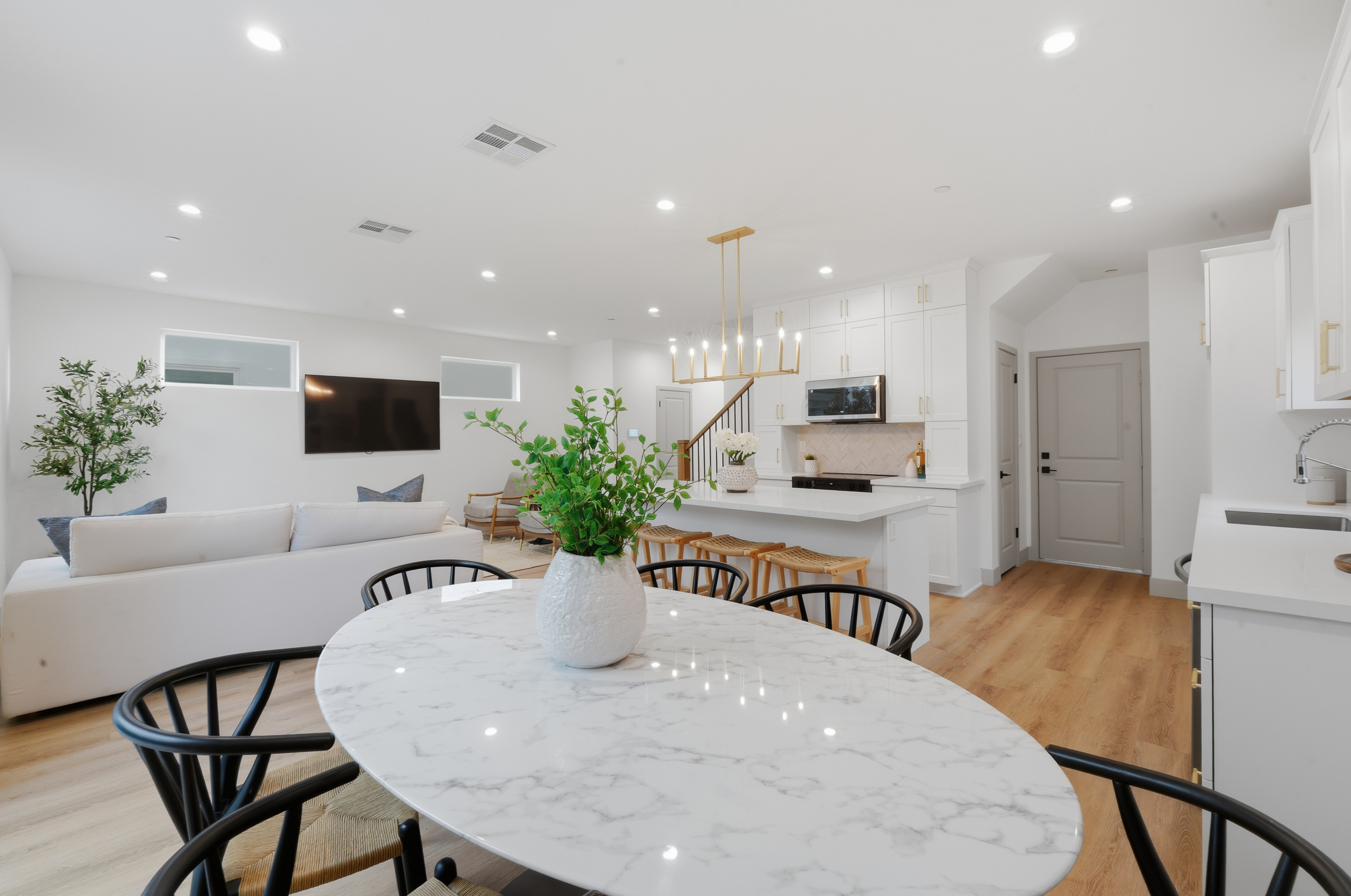 Plan A open-concept living, dining, and kitchen