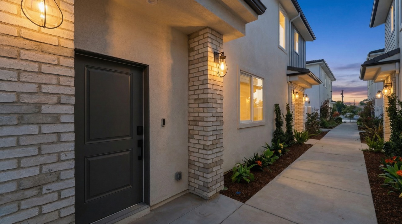 Front entry detail with brick pillars and glass globe lighting