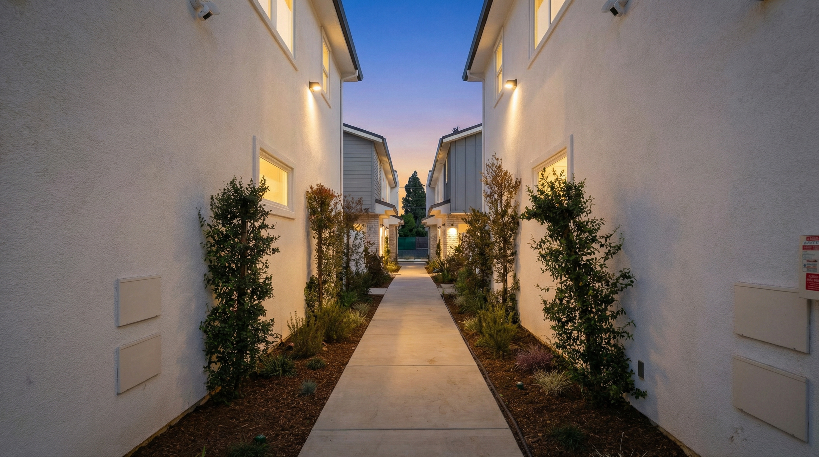 Walkway between homes at twilight
