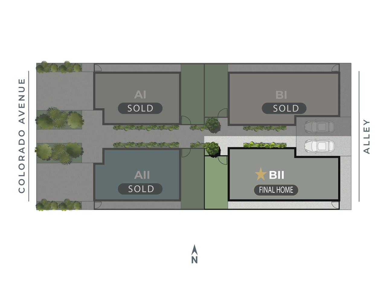 Clearwater Collection site plan showing four lots on Colorado Avenue. Lot 1 (AI) Plan A sold. Lot 2 (AII) Plan A sold. Lot 4 (BI) Plan B with ADU sold. Lot 3 (BII) Plan B with attached 2-bedroom ADU — the final home available at 15540 and 15540½ Colorado Avenue.