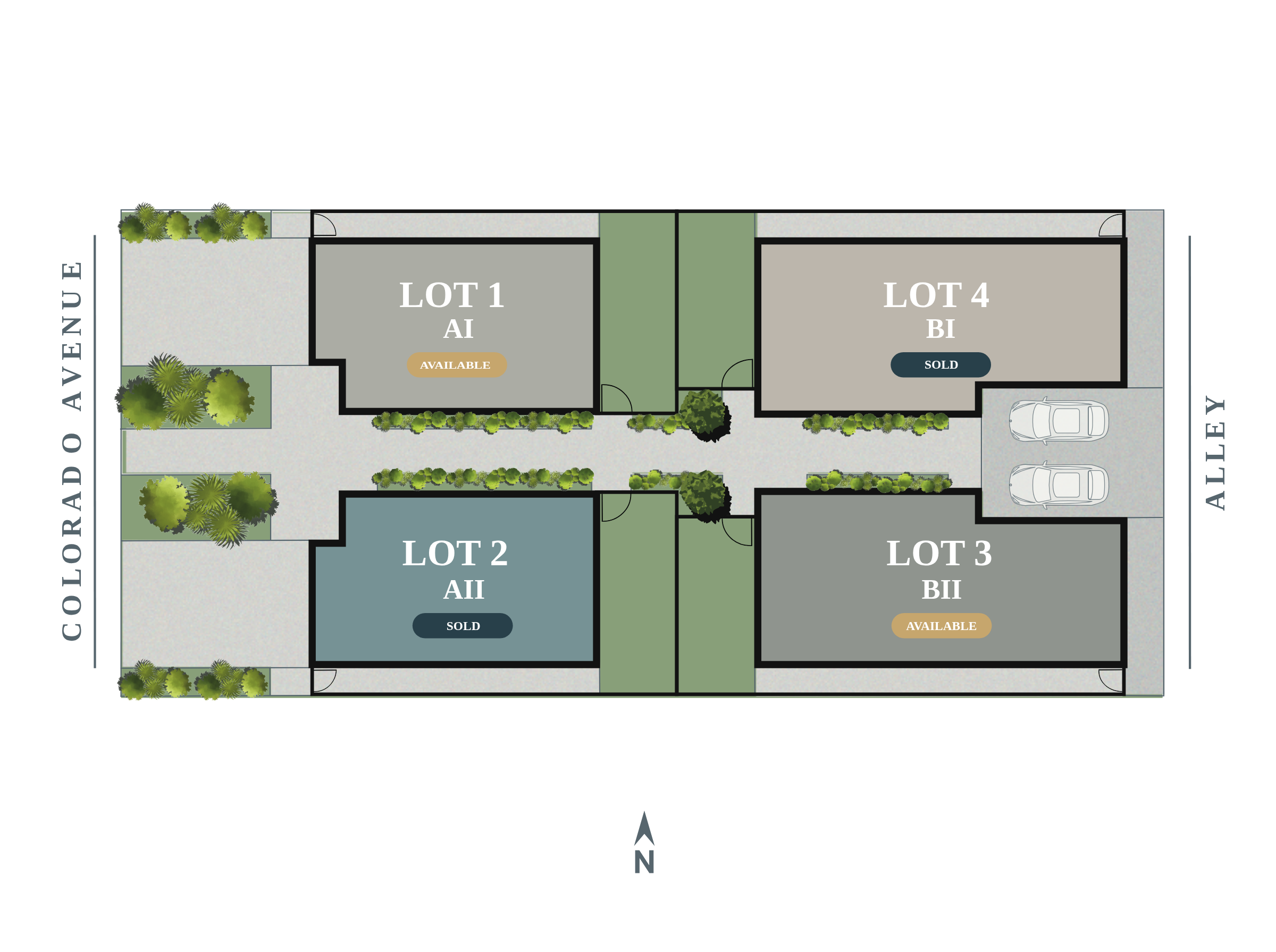 Clearwater Collection site plan showing four lots on Colorado Avenue. Lot 1 (AI) Plan A available. Lot 4 (BI) Plan B with ADU sold. Lot 2 (AII) Plan A sold. Lot 3 (BII) Plan B with ADU available.